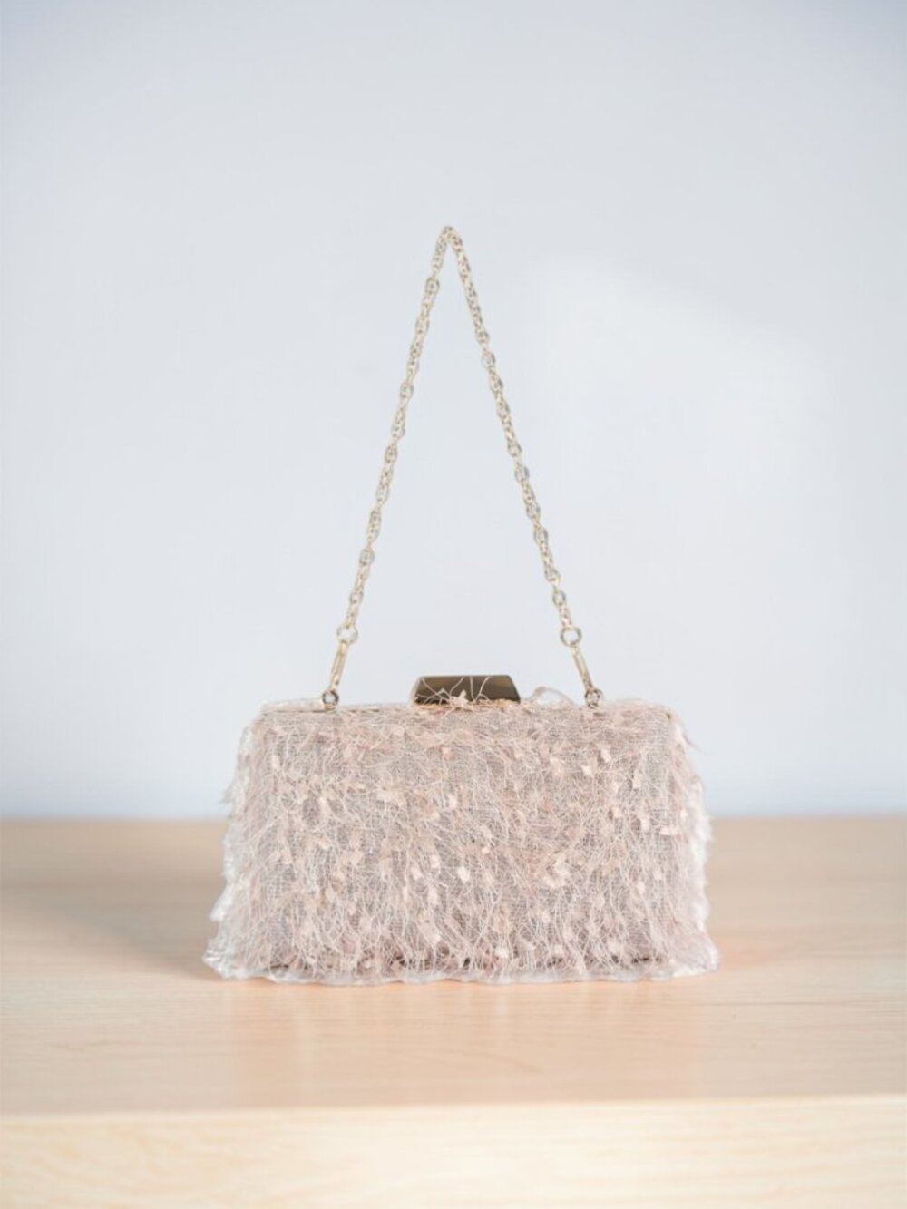 Blush Pink Textured Fringe Clutch with Gold Chain Strap – Elegant Evening Bag